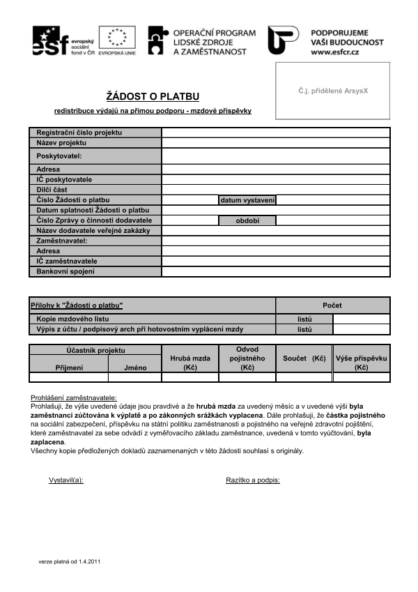Žádost o platbu - redistribuce výdajů na přímou podporu - mzdové příspěvky