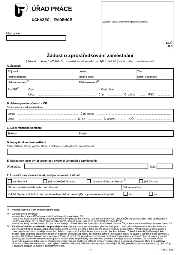 Žádost o zprostředkování zaměstnání