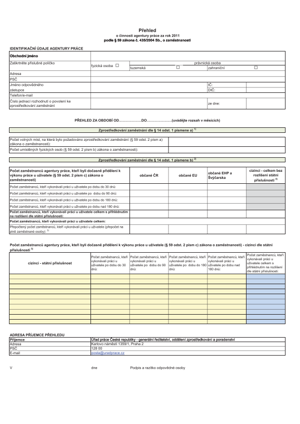 Přehled o činnosti agentury práce za rok 2011 v souladu s § 59 zákona č. 435/2004 Sb., o zaměstnanosti
