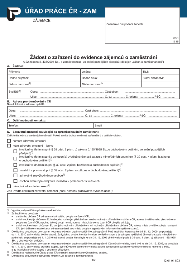 Žádost o zařazení do evidence zájemců o zaměstnání