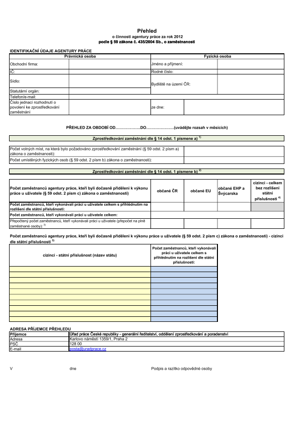 Přehled o činnosti agentury práce za rok 2012 v souladu s § 59 zákona č. 435/2004 Sb., o zaměstnanosti
