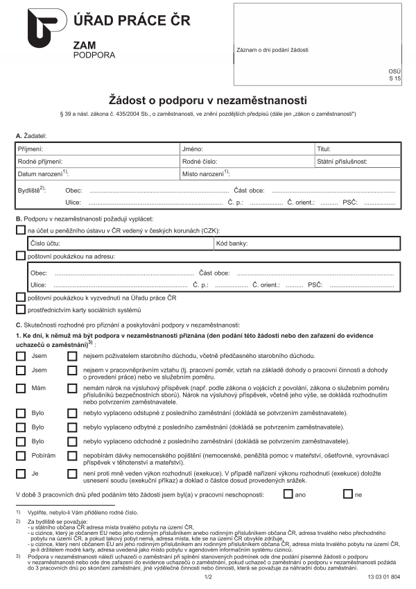 Žádost o podporu v nezaměstnanosti
