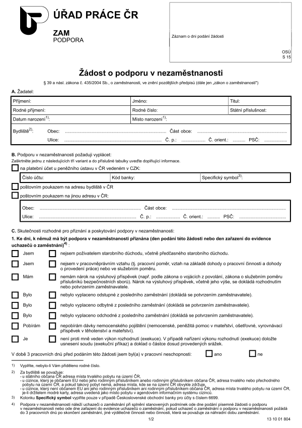 Žádost o podporu v nezaměstnanosti