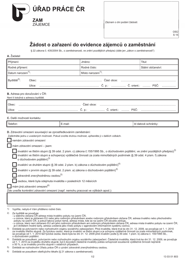 Žádost o zařazení do evidence zájemců o zaměstnání