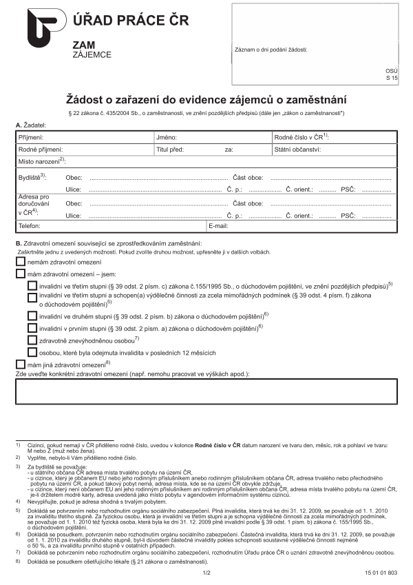 Žádost o zařazení do evidence zájemců o zaměstnání