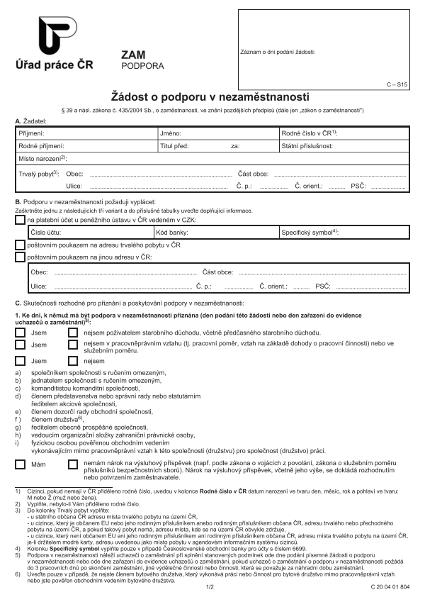 Žádost o podporu v nezaměstnanosti