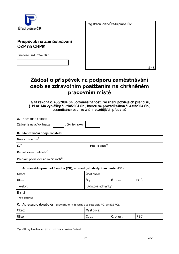 Žádost o příspěvek na podporu zaměstnávání osob se zdravotním postižením na chráněném pracovním místě