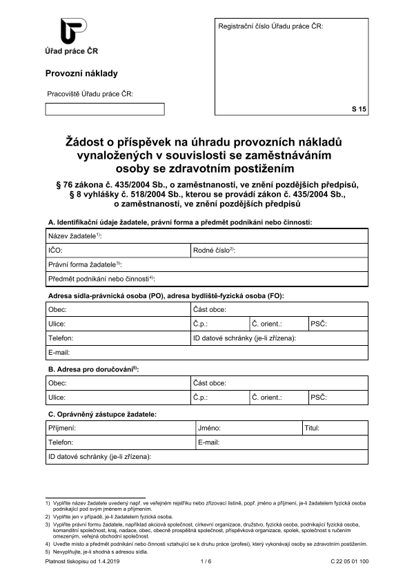 Žádost o příspěvek na úhradu provozních nákladů vynaložených v souvislosti se zaměstnáváním OZP