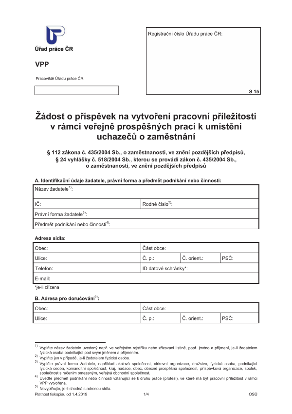 Žádost o příspěvek na vytvoření pracovní příležitosti v rámci veřejně prospěšných prací