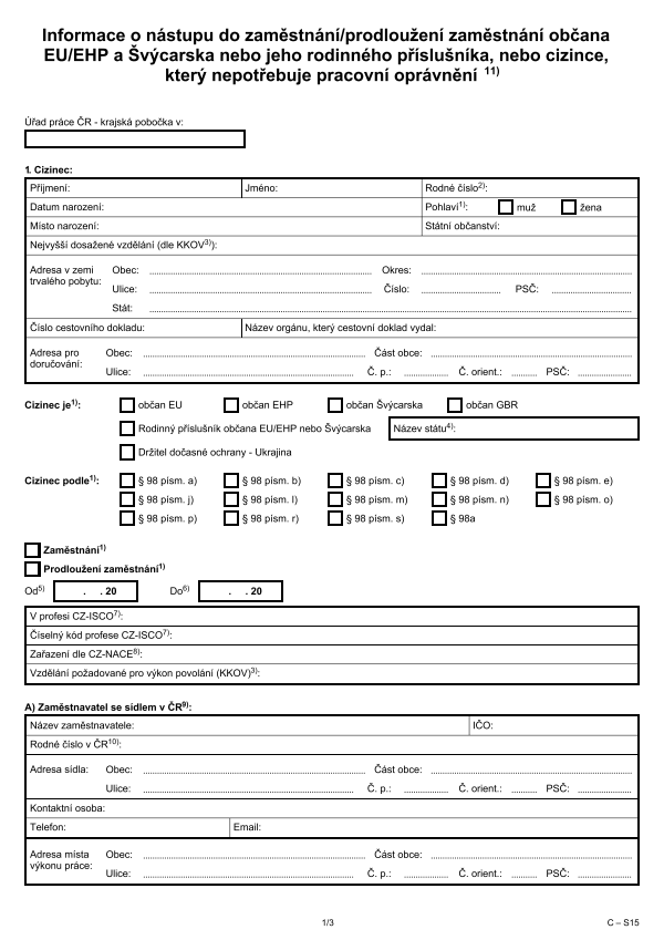 Informace o nástupu občana EU/EHP a Švýcarska, nebo cizince, který nepotřebuje pracovní oprávnění