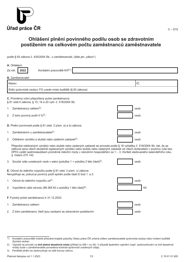 Ohlášení plnění povinného podílu osob se zdravotním postižením na celkovém počtu zaměstnanců