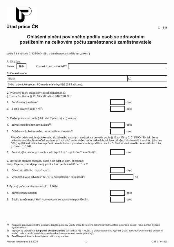 Ohlášení plnění povinného podílu osob se zdravotním postižením na celkovém počtu zaměstnanců