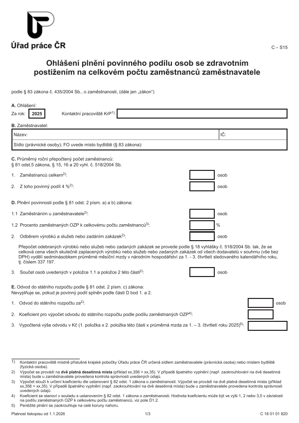 Ohlášení plnění povinného podílu osob se zdravotním postižením na celkovém počtu zaměstnanců