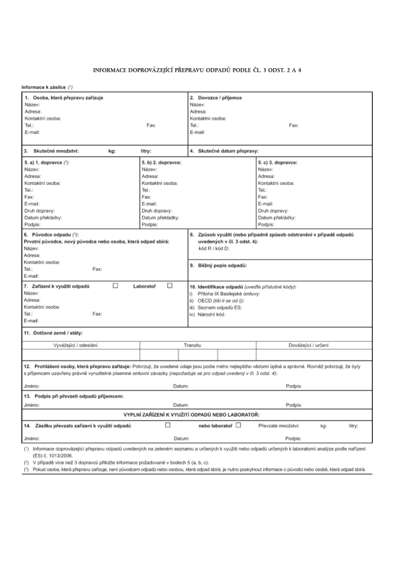 Informace doprovázející přepravu odpadů podle čl. 3 odst. 2 a 4