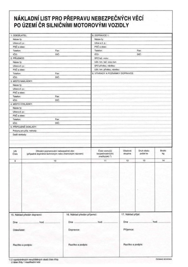 Nákladní list pro přepravu nebezpečných věcí po území ČR silničními motorovými vozidly