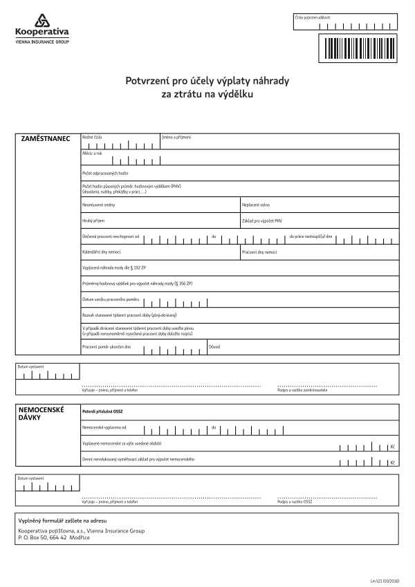 Potvrzení pro účely výplaty náhrady za ztrátu výdělku