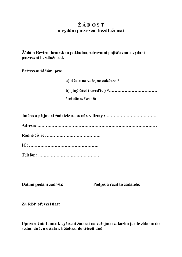 Žádost o vydání potvrzení bezdlužnosti