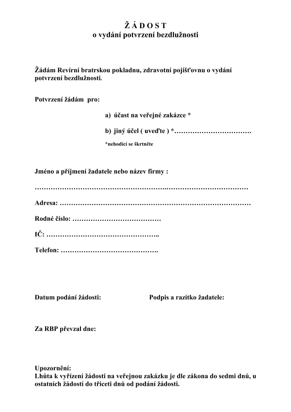 Žádost o vydání potvrzení bezdlužnosti RBP