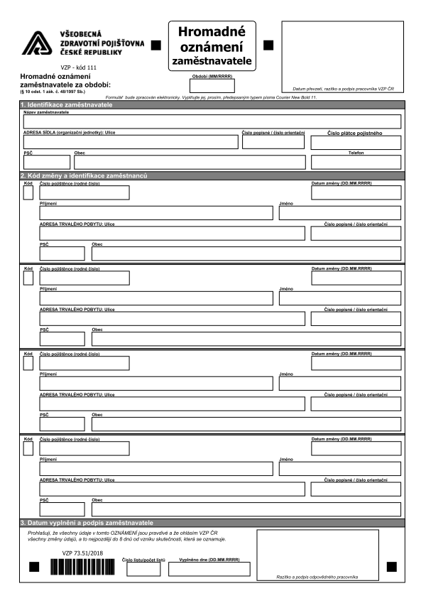 Hromadné oznámení zaměstnavatele - jednotný formulář pro všechny zdravotní pojišťovny - Další zaměstnanci