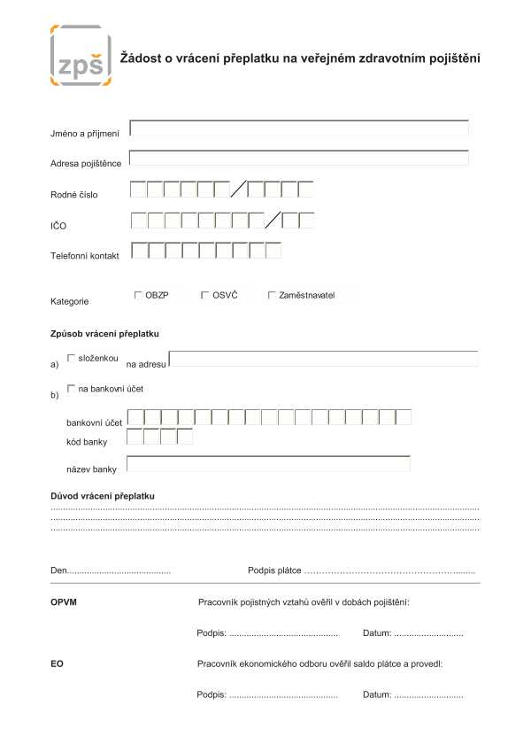 Žádost o vrácení přeplatku na veřejné zdravotní pojištění ZPŠ