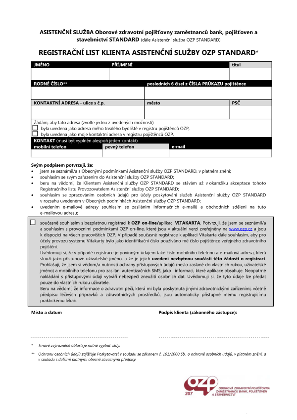 Registrační list klienta asistenční služby OZP standard