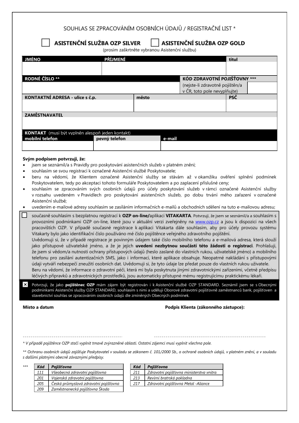 Registrační list klienta asistenční služby OZP silver nebo gold