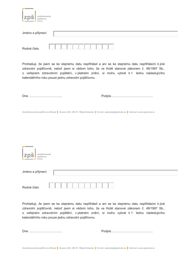 Prohlášení ohledně registrace k jiné ZP ZPŠ