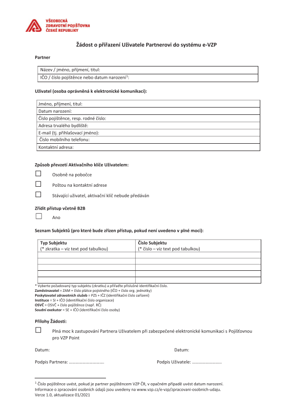 Žádost o přiřazení Uživatele Partnerovi do systému e-VZP