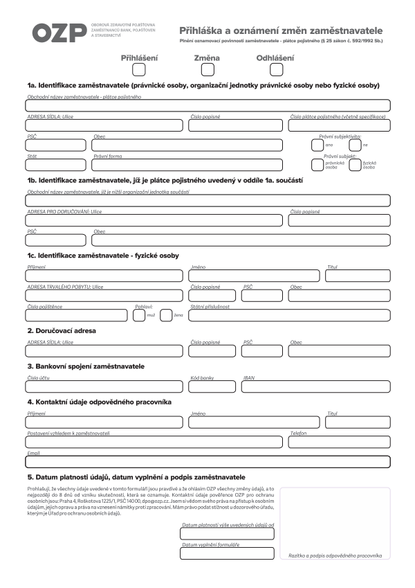 Přihlášení, odhlášení nebo oznámení změn zaměstnavatele OZP