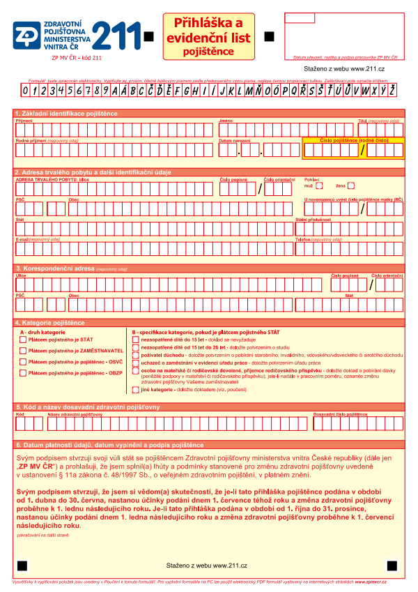 Přihláška a evidenční list ZP MV ČR