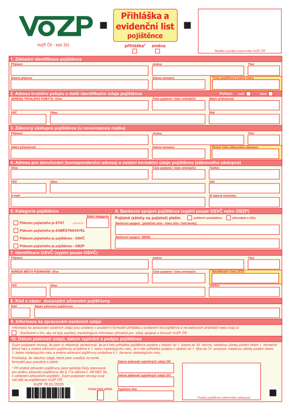 Přihláška a evidenční list pojištěnce VOZP