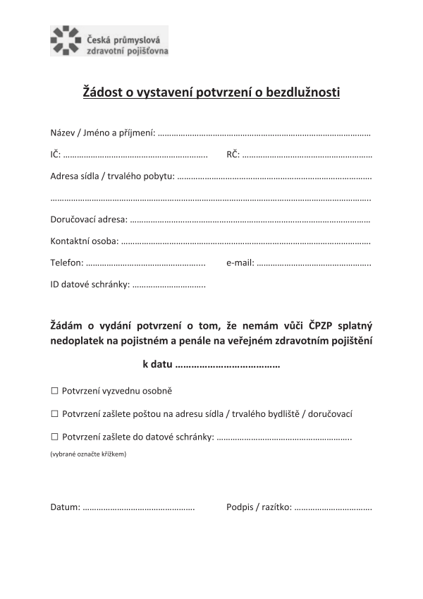Žádost o vystavení potvrzení o bezdlužnostii ČPZP