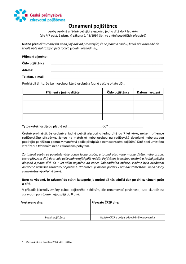 Oznámení pojištěnce ČPZP