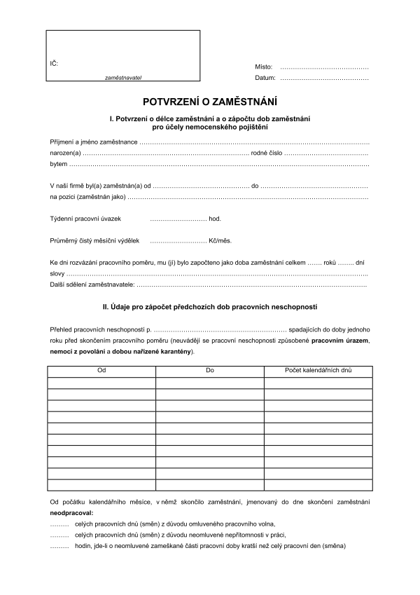 Potvrzení o zaměstnání - zápočtový list