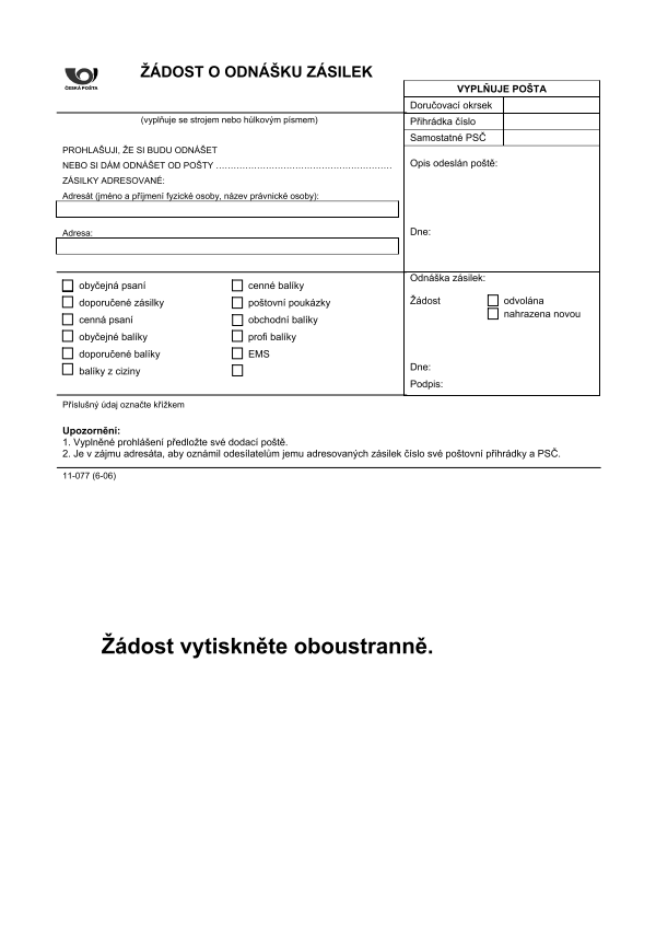 Žádost o odnášku zásilek