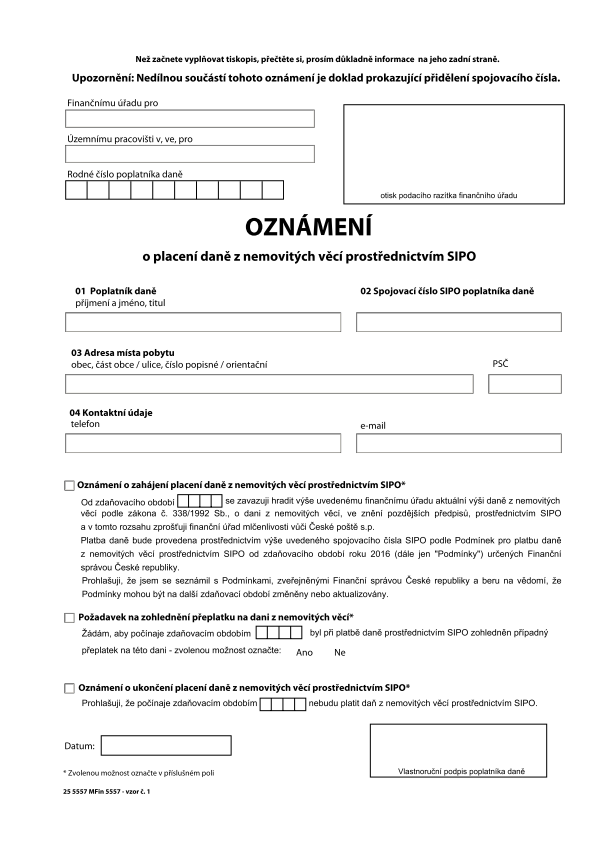Oznámení o placení daně z nemovitých věcí prostřednictvím SIPO