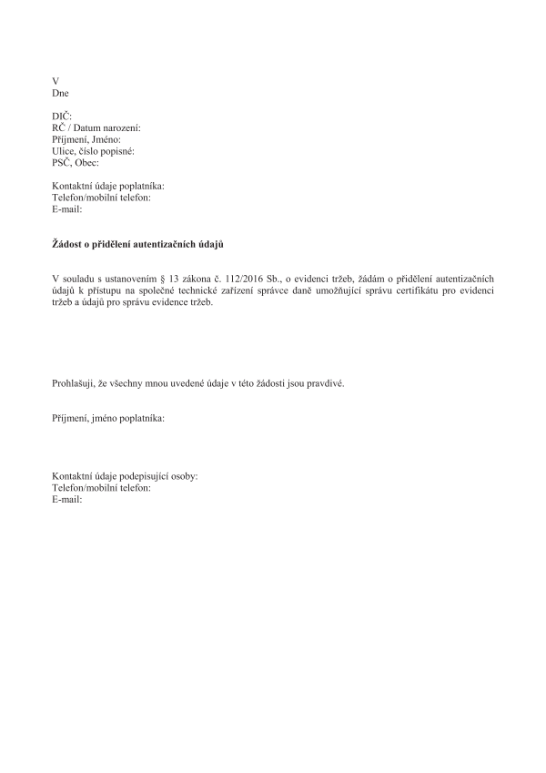 Žádost o autentizační údaje do EET