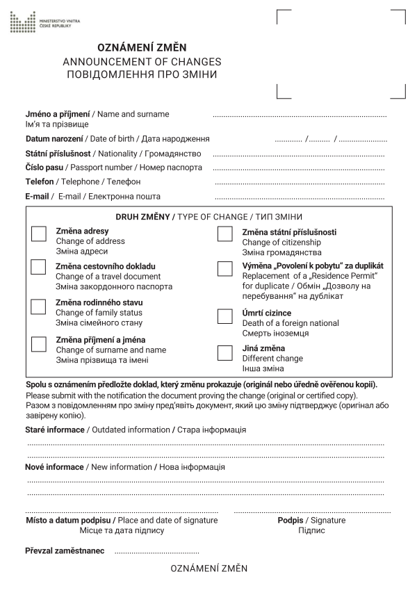 Oznámení změn držitele víza (povolení k pobytu)
