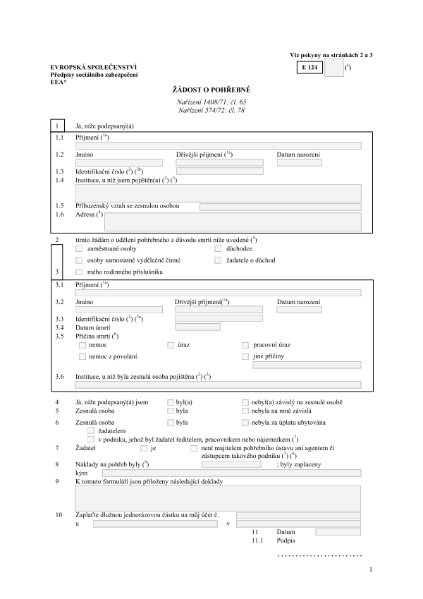 Form E 124 - Žádost o pohřebné