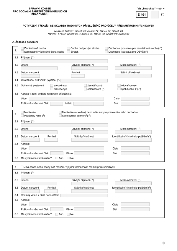 Form E 401 - Potvrzení týkající se skladby rodinných příslušníků pro účely přiznání rodinných dávek