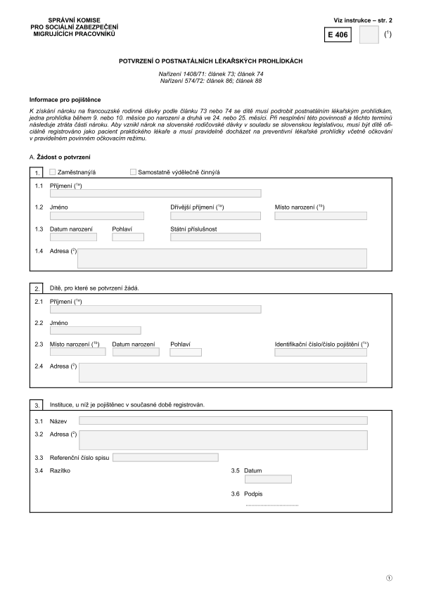 Form E 406 - Potvrzení o postnatálních lékařských prohlídkách