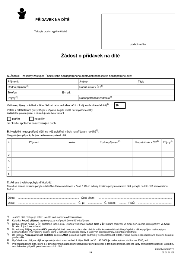 Žádost o přídavek na dítě