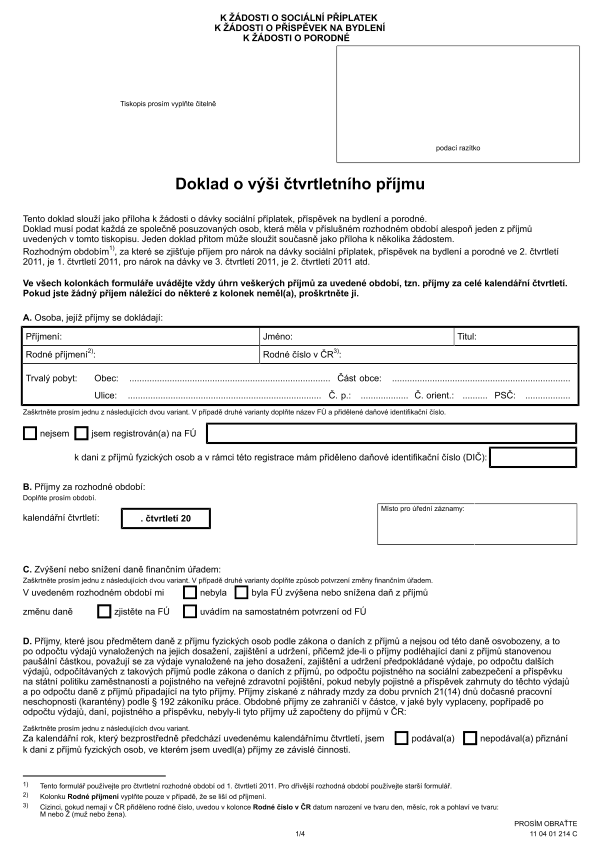 Doklad o výši čtvrtletního příjmu