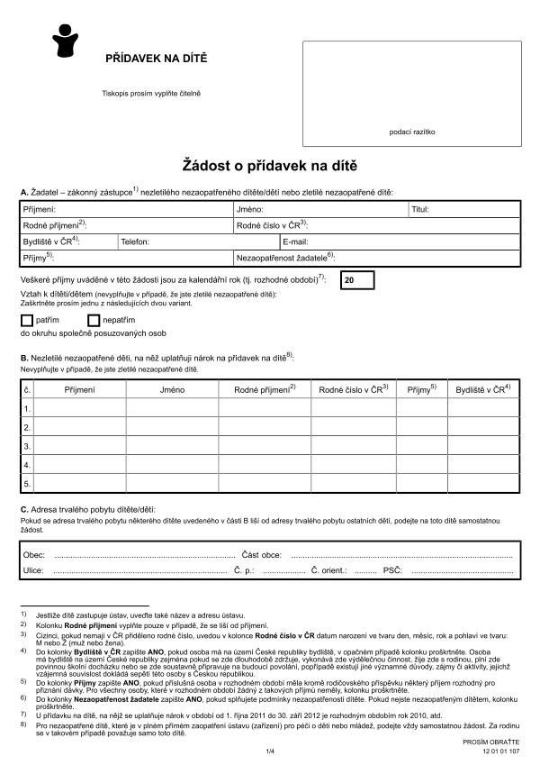 Žádost o přídavek na dítě