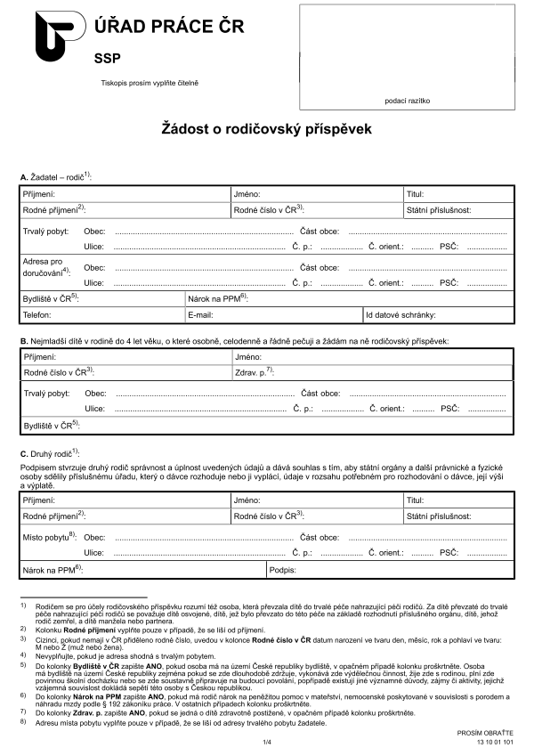 Žádost o rodičovský příspěvek