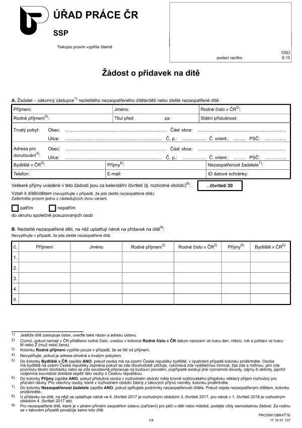 Žádost o přídavek na dítě
