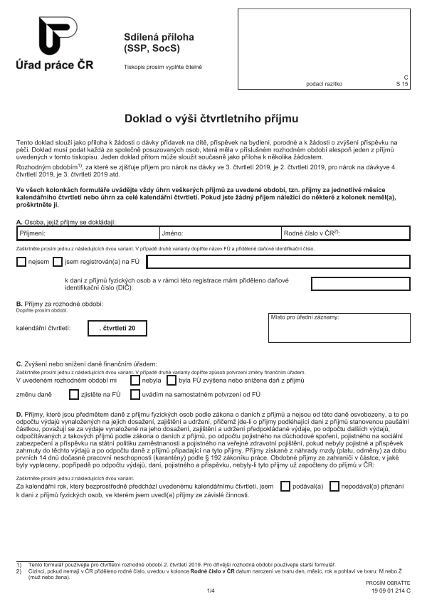 Doklad o výši čtvrtletního příjmu