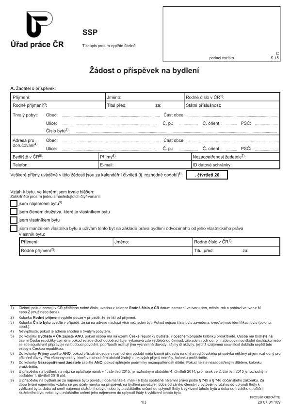 Žádost o příspěvek na bydlení