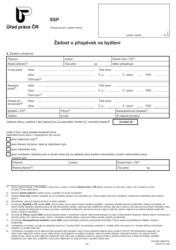 Žádost o příspěvek na bydlení