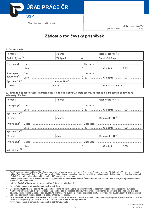 Žádost o rodičovský příspěvek
